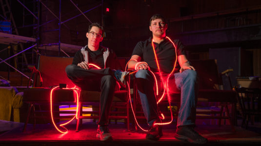 Kevin McGerigle, technical director, and Alex Rakovshik '19, lighting award winner, in Little Center
