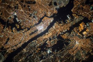 Satellite image of a city at night, NASA