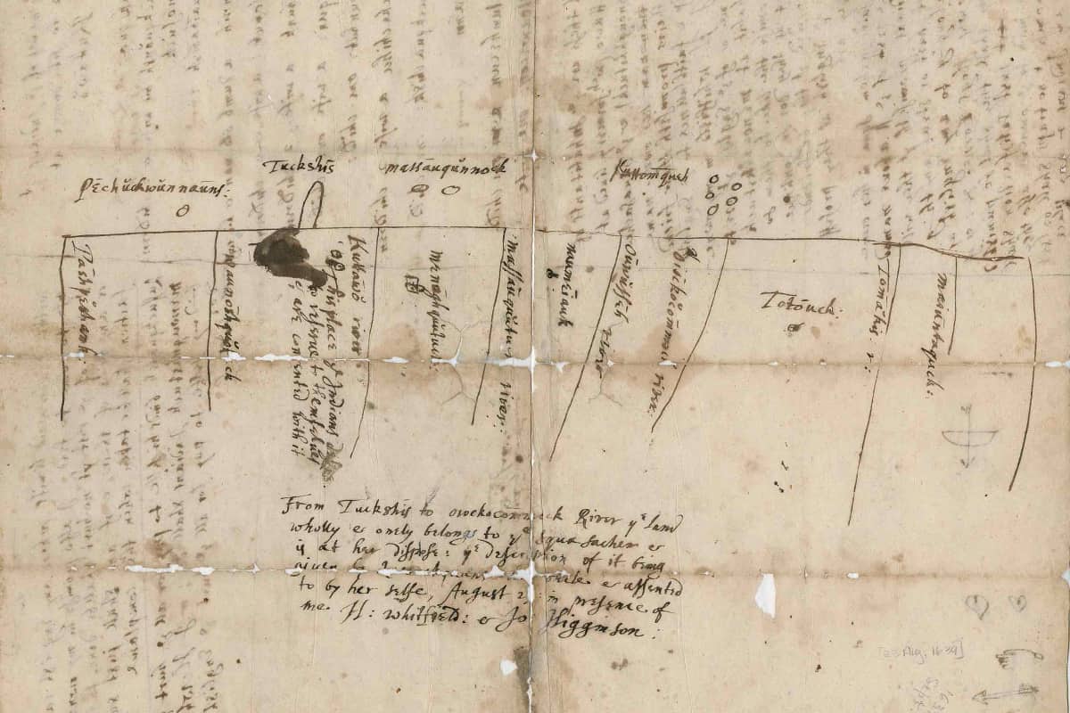 A map is drawn in ink by two Algonquian sachems, Shaumpishuh and her uncle Quassaquanch, for the sale of land in 1639 to the Rev. Henry Whitfield and other English colonists.