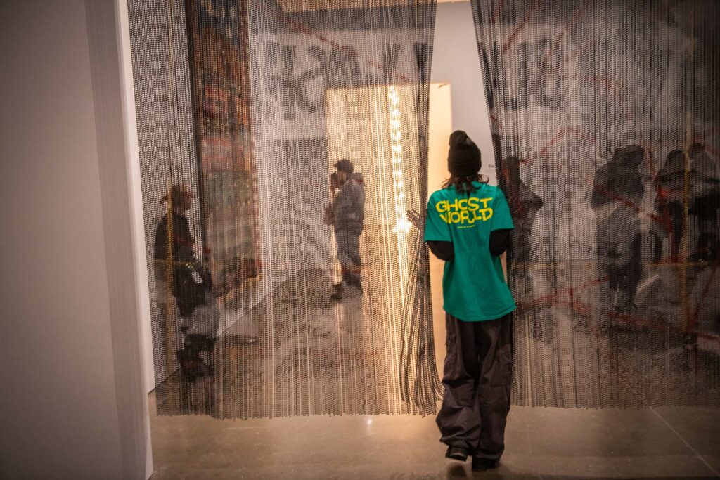 A studio art student looking at contemporary works during a field trip to the ICA, Boston